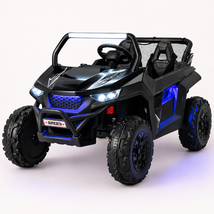 Black 12V two-seater UTV ride-on with blue accent lights