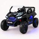 Black 12V two-seater UTV ride-on with blue accent lights