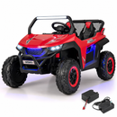 Red 12V two-seater UTV ride-on with rechargeable battery and charger