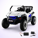 White 12V two-seater UTV ride-on with blue accent lights