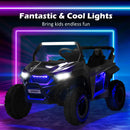 Black two-seater UTV showing its front and side accent lighting
