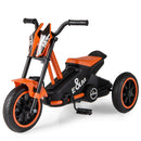 Orange and black motorcycle-styled pedal tricycle with three wheels, low seat and E&M body graphics