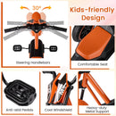 Orange and black pedal tricycle showing handlebars, shaped seat, textured pedals, decorative front panel and metal frame tube