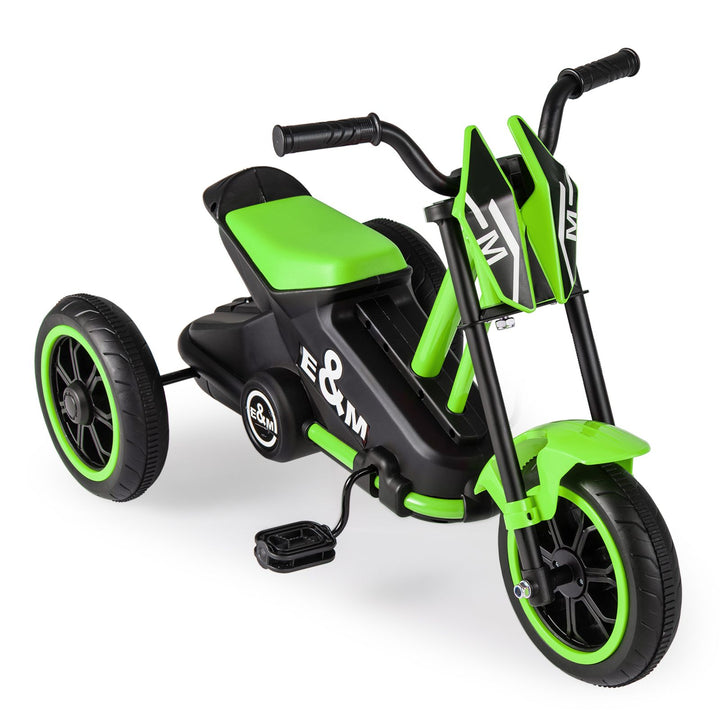 Green and black motorcycle-styled pedal tricycle with three wheels, low seat and E&M body graphics