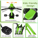 Green and black pedal tricycle showing handlebars, shaped seat, textured pedals, decorative front panel and metal frame tube