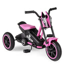 Pink and black motorcycle-styled pedal tricycle with three wheels, low seat and E&M body graphics