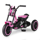 Pink and black motorcycle-styled pedal tricycle with three wheels, low seat and E&M body graphics viewed from the opposite front angle