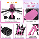 Pink and black pedal tricycle showing handlebars, shaped seat, textured pedals, decorative front panel and metal frame tube