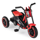 Red and black motorcycle-styled pedal tricycle with three wheels, low seat and E&M body graphics