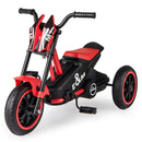 Red and black motorcycle-styled pedal tricycle with three wheels, low seat and E&M body graphics viewed from the opposite front angle