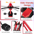 Red and black pedal tricycle showing handlebars, shaped seat, textured pedals, decorative front panel and metal frame tube