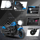 Blue motorcycle headlight, seat, training wheels and charging connection