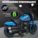 Blue motorcycle showing rechargeable 6V 4.5 Ah battery and motor