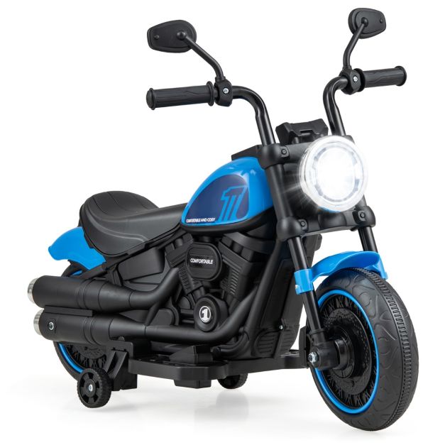 Blue 6V cruiser-style kids motorcycle with training wheels