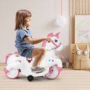 Pink unicorn ride-on pony with training wheels