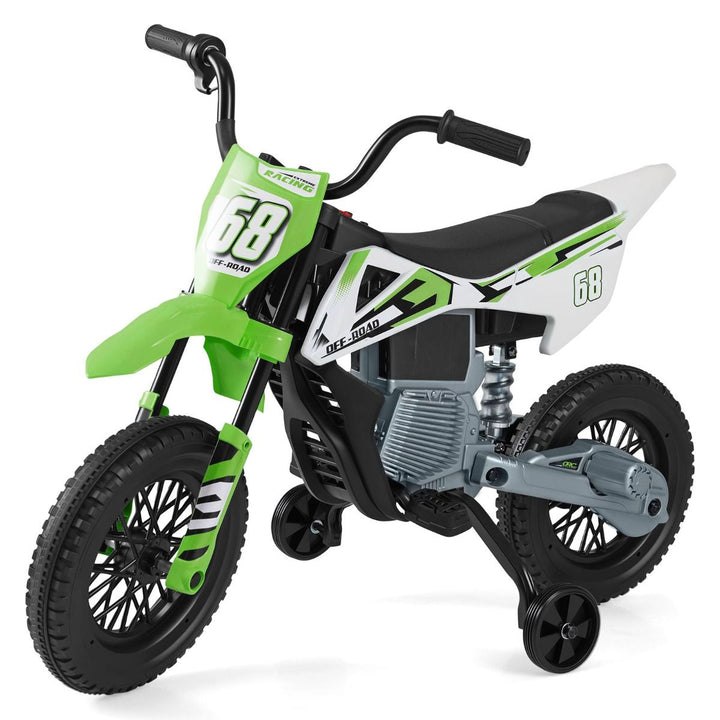 Green 12 V toy motorcycle with fitted training wheels and spring suspension