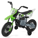 Green 12 V toy motorcycle with fitted training wheels and spring suspension