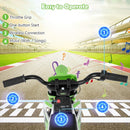 Green toy motorcycle twist-grip control, one-button start and music panel