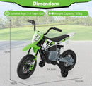 Green toy motorcycle dimensions, ages 3–8 and maximum rider weight 30 kg