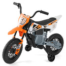 Orange 12 V toy motorcycle with fitted training wheels and spring suspension