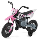 Pink 12 V toy motorcycle with fitted training wheels and spring suspension