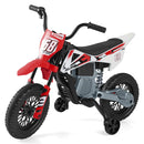Red 12 V toy motorcycle with fitted training wheels and spring suspension
