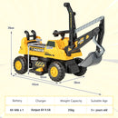 Yellow ride-on excavator dimensions and 6V power specifications