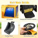Yellow ride-on excavator light, charging port, steering wheel and shovel details