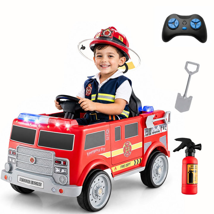 Red 12V fire truck with remote, toy extinguisher and shovel