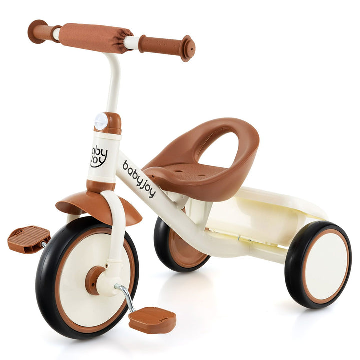 Beige and brown pedal tricycle with rear basket on a white background