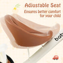 Beige tricycle seat showing forward and rear adjustment positions