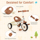 Beige tricycle seat hand opening, handlebar and pedal details