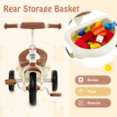 Beige tricycle rear storage basket shown with example toys not included