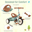 Green tricycle seat hand opening, handlebar and pedal details