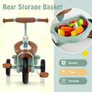 Green tricycle rear storage basket shown with example toys not included
