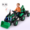 Green 12V tractor ride-on with front shovel, rear digger and trailer