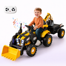 Yellow 12V tractor ride-on with front shovel, rear digger and trailer