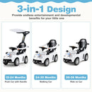 White toddler toy car in parent-push, walk-behind and ride-on configurations with mode-specific ages