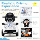 White toy car lights, steering wheel, horn and music controls; requires 2 AA batteries, not included