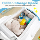 White toddler push car under-seat storage compartment with illustrative toys