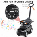 Toddler toy car steering wheel horn and start-up sound controls and removable push handle