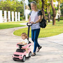 Pink toddler toy push car shown with an adult using the parent handle