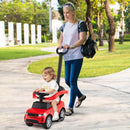 Red toddler toy push car shown with an adult using the parent handle
