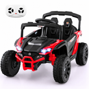 Red compact UTV ride-on with matching trim and parent remote