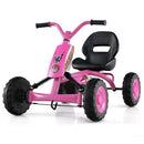 Front view of the Pink pedal go kart with four wheels and handlebars