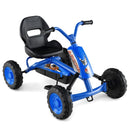 Navy blue four-wheel pedal go kart with handlebars and black seat