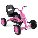 Pink four-wheel pedal go kart with handlebars and black seat