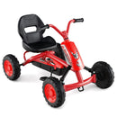 Red four-wheel pedal go kart with handlebars and black seat