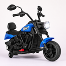 Navy 6V chopper-style kids motorcycle with training wheels and backrest