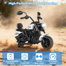 White motorcycle showing 6V drive, age three-plus, 30 kg load and 2.4 km/h speed